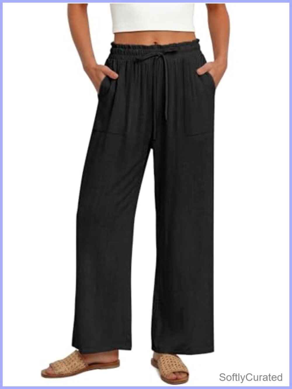 Women's 100% Cotton Wide Leg Cropped Palazzo Pants High Waist Drawstring Beach